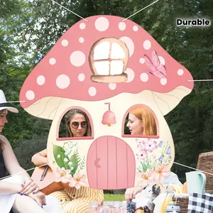 Mushroom house photo backdrop, with a hollow mushroom-shaped frame - pink fairy tale forest garden background, suitable for birthday party decoration, baby shower, wedding, photo booth - magical selfie frame and gift decoration, dyz