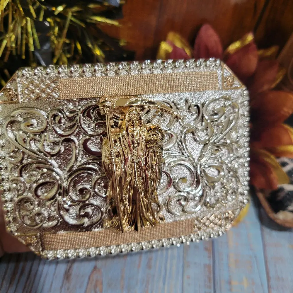 Santa muerte Belt Buckle  Design rose tone and silver with Central Emblem, Rectangular Style, and Decorative Elements, Unisex, Metal, 4.5 x 3.5 Inches