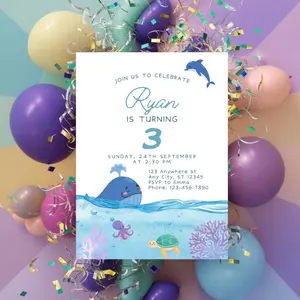 Personalized Printed Cute Under the Sea Birthday Party Invitation - Custom Sea Animal Ocean Theme, 5 x 7 Inches, High-Quality White Cardstock, Includes Envelope, Wrapped in Cellophane