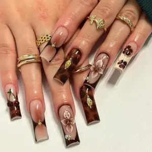 Brown Tortoiseshell Floral Press-On Nails, Nude Ombre Square Tips with 3D Blossom Details, Gold Leaf Accents, Elegant Handmade Nail Art, Chic Autumn Style, Statement Nails for Daily Wear & Gifts