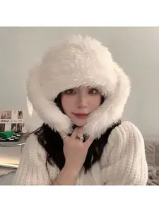 Sweet and cute rabbit ear plush hat for women, winter thickened warm cold-proof trendy stylish ear-protecting beanie.