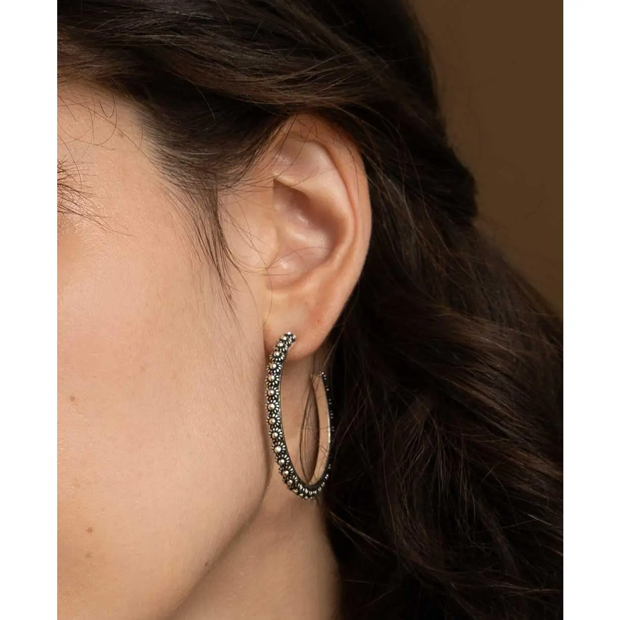 Hill Tribe Silver Detailed Beaded Floral Hoop Earrings, Laos