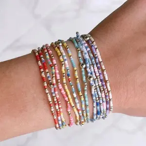 SHINUS BOHO Women's 3-Piece Dainty Gold-Plated Tiny Ball & Colorful Seed Bead Stretch Bracelet Set - Friendship Bracelets for Casual Daily Wear Costume Jewelry