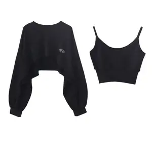 Black & Gray Crop Sweatshirt + Camisole Set, Oversized Casual Style with Logo Detail, Perfect for Sports/Strolling/Hiking/Daily Wear & Fashion Street Shots
