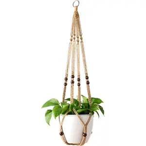 Macrame  Hanger Indoor Jute Hanging Planter Basket with  Beads Decorative Flower Pot Holder No Tassels for Indoor Outdoor Boho Home Decor 35 Inch, Brown, Set of 1 (POTS NOT Included)