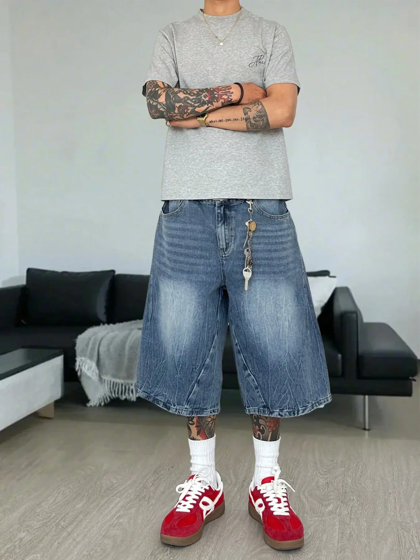 Men's Vintage Sporty Denim Jeans Shorts, 2026 Summer New American Wide Leg Baggy Loose Casual Seven-Eighths Pants, Trendy Stylish Fashion Streetwear Vibe Menswear for Men