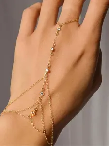 Fashionable Women's Multi-Layer Tassel Detail Rhinestone Bracelet, Hand Chain Style, Copper Material, Summer Beach Party Jewelry, Stylish Finger Chain Accessory for Parties