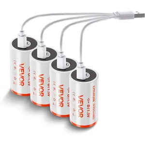 VEVOR Rechargeable D Batteries, 4 Pack, 1.5V 6000mWh Lithium D Battery with 4 in 1 USB-C Charge Cable, Recharge Up to 1000+ Cycles, Lithium-ion D Cell Batteries for Flashlights, Floodlight, Toys