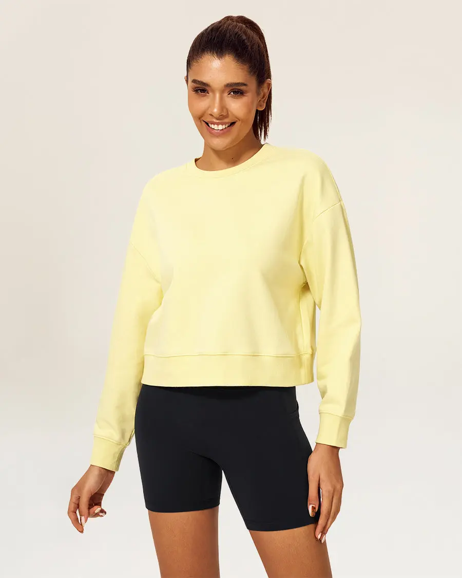 Women's Oversized Cropped Crewneck Sweatshirt, Ribbed Breathable Cotton Casual Top with Embroidered Details, Round Neck, Tops, Piece, Boxy Cropped Women's Pullover Sweatshirts, French Terry