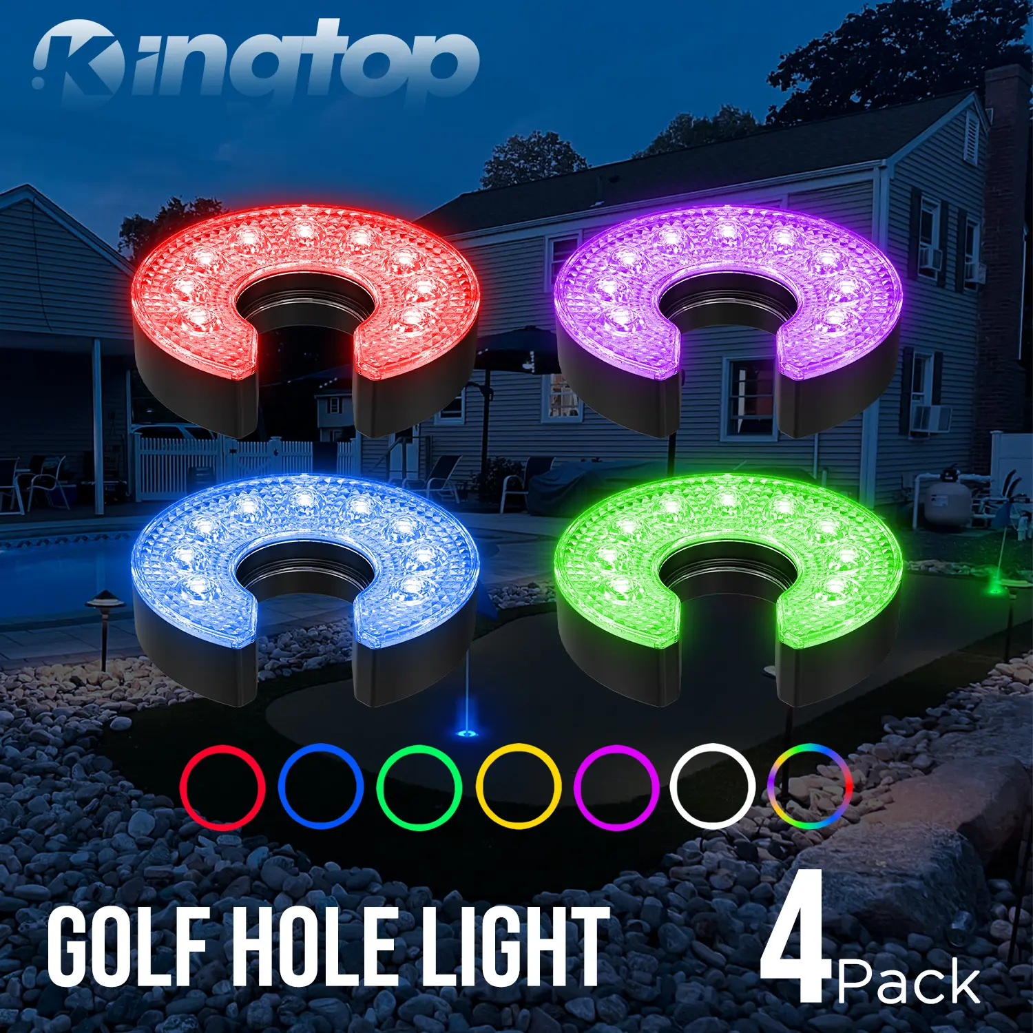 KINGTOP LED Golf Hole Lights, 4 Pack Battery-Operated Multi-Color Golf Cup Lights, Glare-Free Night Golf Accessories for Backyard Putting Greens