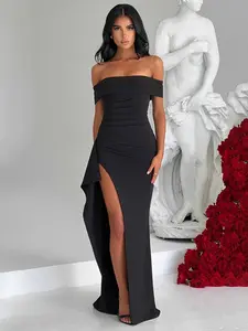 Women's Off The Shoulder Ruched Split Thigh Bodycon Dress, Elegant Backless Maxi Dress for Party Evening Formal Occasions, Ladies Fall Clothes