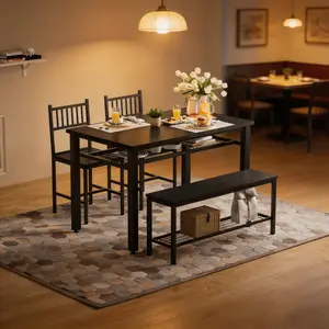 4-Piece Farmhouse Dining Set for 4, Compact Kitchen Table with Chairs, Bench & Built-in Storage, Space-Saving Dining Furniture Ideal for Apartments & Small Spaces