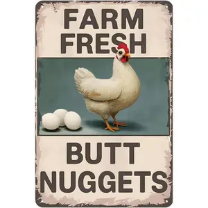 Funny Chicken Signs for Coop - Farm Fresh Butt Nuggets, Vintage Tin Sign for Chicken Coop, Farmhouse, Outdoor, Inside, Cool Gifts for Hen Rooster Lover, 8 x 12 inch