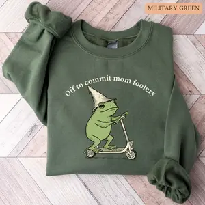 Off to Commit Mom Foolery Crewneck Funny Frog Scooter Gift For Mom, Funny Mama Pregnancy Announcement Sweatshirt, Trendy Holiday Graphic Sweater