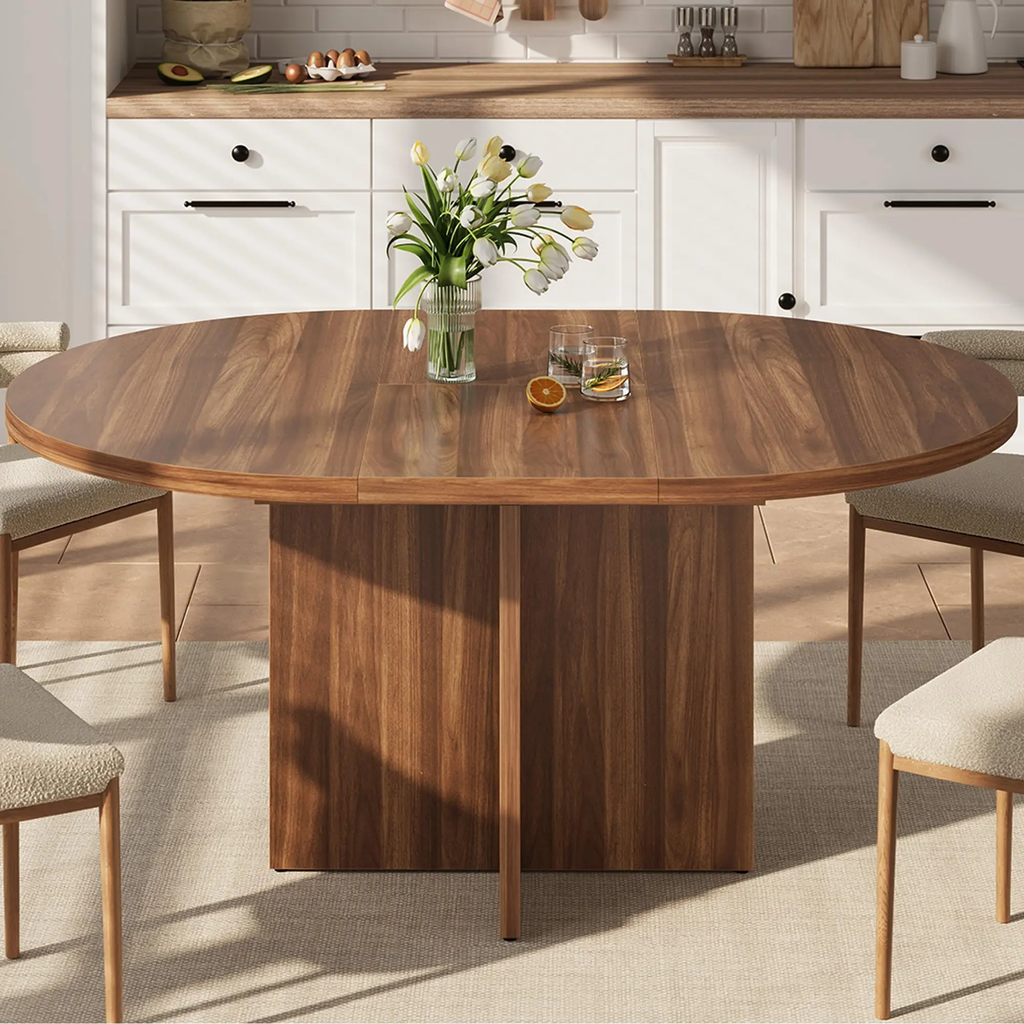 43.3in-59in Extendable Walnut Round Dining Table for 4-8, Space Saving Kitchen Table with Removable Leaves, Oval Dinner Table for Dining Room, Kitchen, Living Room