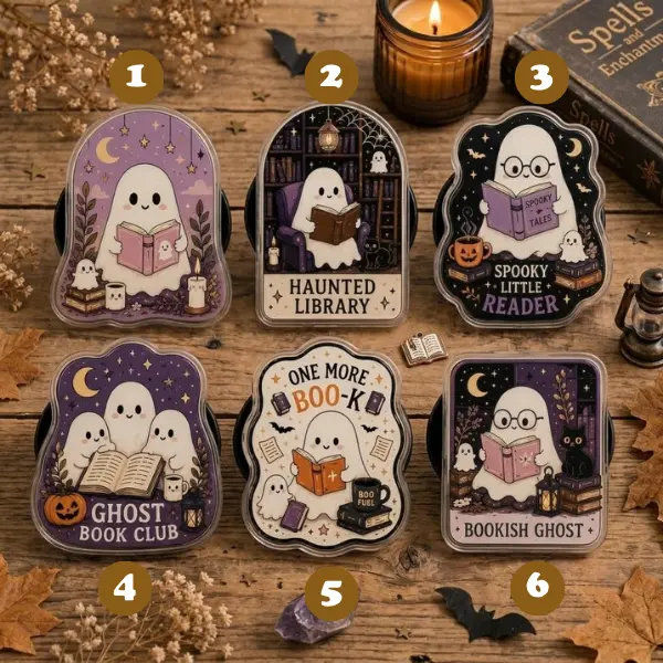 Spooky Bookish Ghost Shaker Phone Grip, Kawaii Spooky Magnetic Phone Stand Gift for her, Holiday Gift Halloween Idea