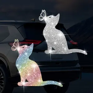 Butterfly Cat Pattern Car Sticker, Shiny Cat Decorative Decal, Multipurpose Car Decal, Cartoon Fantasy Flower, for Car Window, Door, Laptop, Motorcycle, Vehicle Exterior Decoration, Vinyl Decal, Automobile Decals