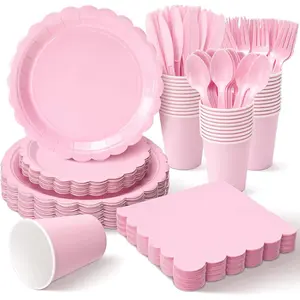 350 Pcs Pink Valentines Disposable Paper Plates and Napkins Set for 50, 9" Dinner Plates & 7" Dessert Plates, Tableware for Baby Shower, Bridal Shower, Birthday, Party