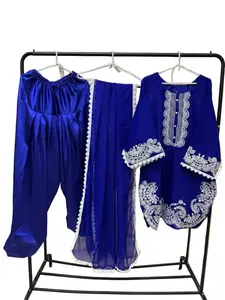 Royal Blue Embroidered Chiffon Kameez | Luxury Silk Farshi Salwar Party Wear | Size M/L Breathable Womenswear Outfit