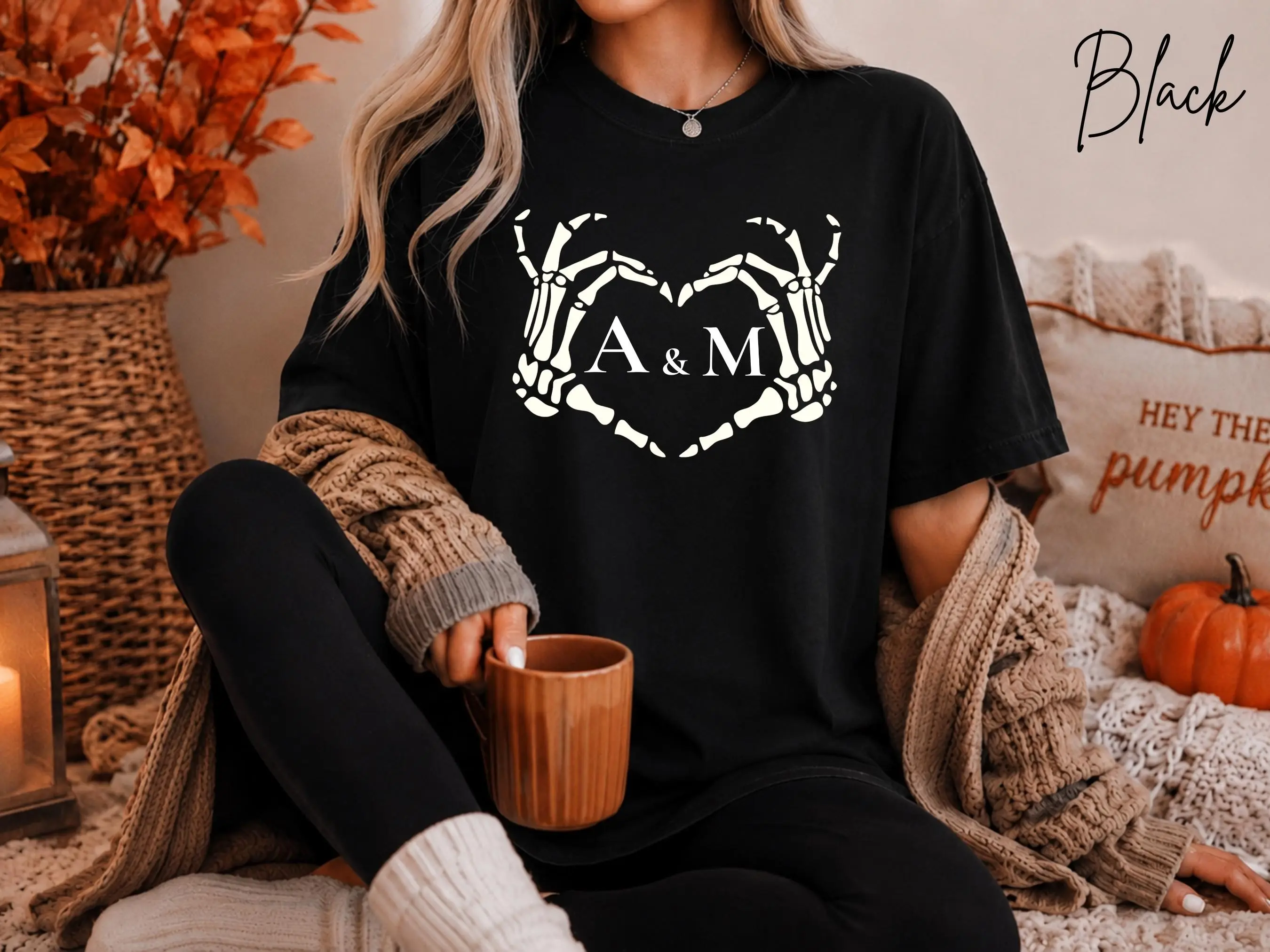 Personalized Skeleton Hands Heart Shirt, Custom Couple Halloween Tee, Skeleton Hand Heart Initials T-Shirt, Matching Halloween Gift Shirt
