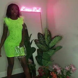 Mesh Green Feather shoulder Mini Dress