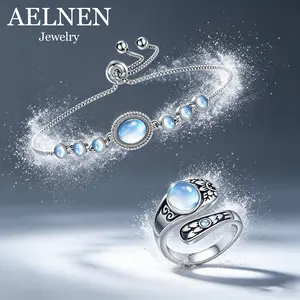 AELNEN Women's Fashion S925 Silver Vintage Style Open Ring/Bracelet with Moonstone Accent