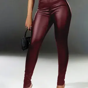 Street High Waist PU Leather Skinny Jeans, Punk Style Elastic Cone Pants with Slant Pockets, Perfect for Music Festivals, High Waisted Design