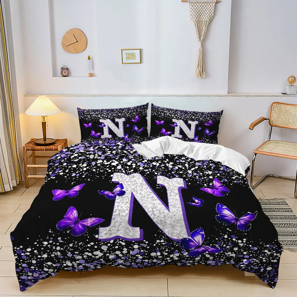 Polyester Purple Glitter Butterfly 26 Letter Duvet Cover Set, Luxury Aesthetic Bedding Set / Soft Breathable Fabric / 1 Duvet Cover & 1/2 Pillowcases / Skin-Friendly / Stylish Home Makeover Essentials for All Seasons Pillowcase 1/2 pcs (No filler)