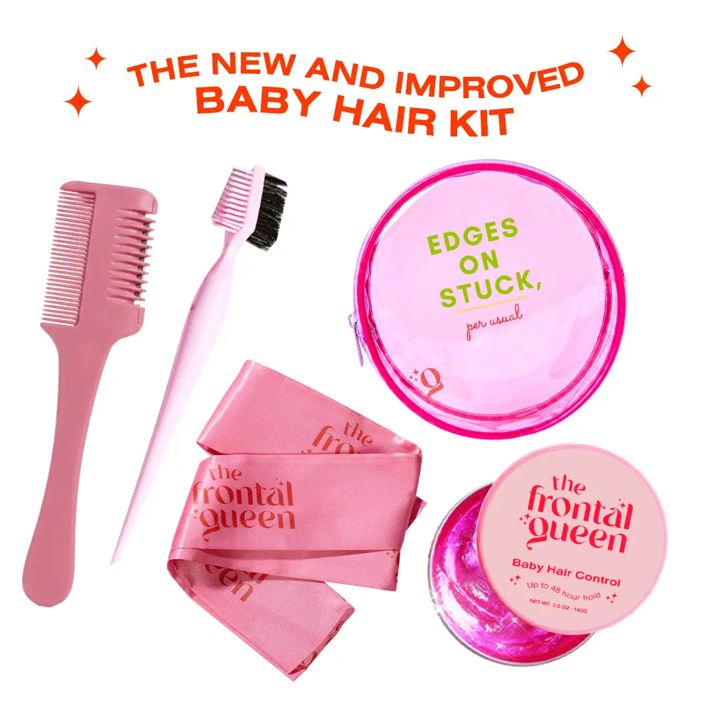 The Frontal Queen Edges on Stuck Kit | Baby Hair Styling Kit with 48HR Edge Control, Le Swoop Edge Brush, Professional Razor Comb, Double-Length Melt Belt & Cosmetic Bag | Complete Edge Control Kit for Laid Edges, Baby Hairs, Sleek Ponytails