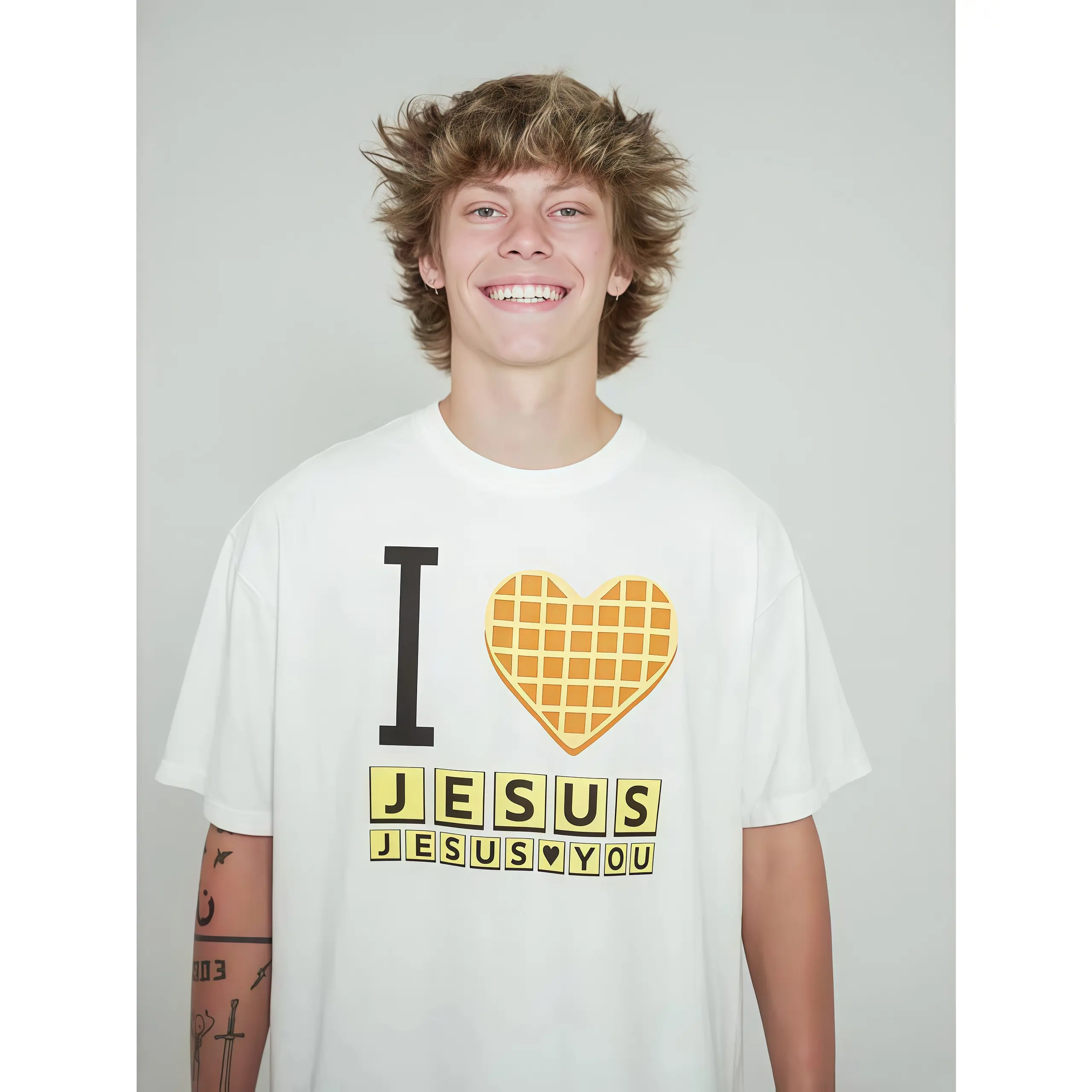 I Love Jesus Jesus Love You Waffle Comfort Shirt, Christian Apparel Graphic Tee, Funny Christian Breakfast T-shirt, Unisex Casual 100% Cotton Inspirational Quote TShirt, TikTok Viral Unisex Crewneck Menswear Top Womenswear Streetwear Tshirt
