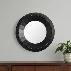 HomeRoots 607304 30 in. Black Solid Wood Faceted & Beaded Round Framed Accent Mirror