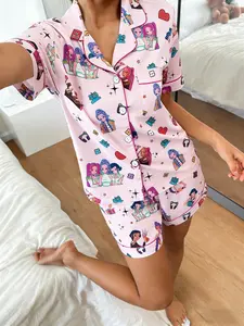Women's Short Sleeve Shorts Cardigan Pajama Set, Cartoon Full Print, Y2K Style Home Wear, Loose Fit, Spring Summer Comfortable Sleepwear