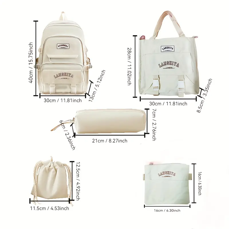 Kids' Cute 5-Piece Solid Color Nylon Backpack Set - Back to School Haul, Large-Capacity Zip Student Schoolbag, Easy-Carry Handbag, Coin Purse, Wheelless Mini Crossbody/Shoulder Bag, Pencil Case, Free Little Duck & Rabbit Pendants, 3 Badges, Elementary Sch