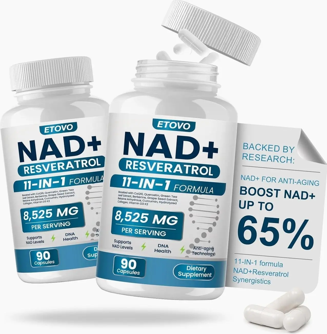 NAD+ Supplement, 8525mg Liposomal NAD Booster with Resveratrol NAD Plus with Coptisine Quercetin Curcumin Supports Cellular Health, Physical Strength and Healthy Aging 90 Capsules 2 Bottle