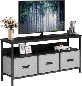 Bedroom TV Cabinet 55 Inch Bedroom TV Dresser  Media Console Table with 3 Fabric Drawers and Open Storage Shelves  Entertainment Center  Hallway Furniture Cabinet Grey