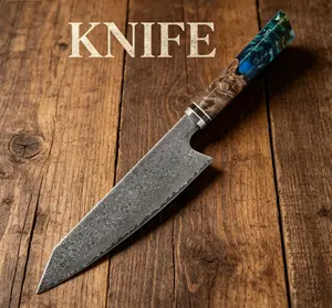 Handmade Damascus Chef Knife with Blue Resin & Stabilized Wood Handle, Professional Kitchen Forged Hammered Knife for Meat, Vegetables & Sushi, Ultra-Sharp Full Tang Blade for Professional Cooking for Daily Use - Unique Gift for Men/Father/Elder