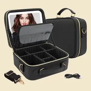 LESHARE LED Smart Light-Filling Makeup Bag - 3-Color Touch Control Lighting, Detachable Mirror, Waterproof, Rechargeable Battery, Adjustable Shoulder Strap for Daily Use & Travel