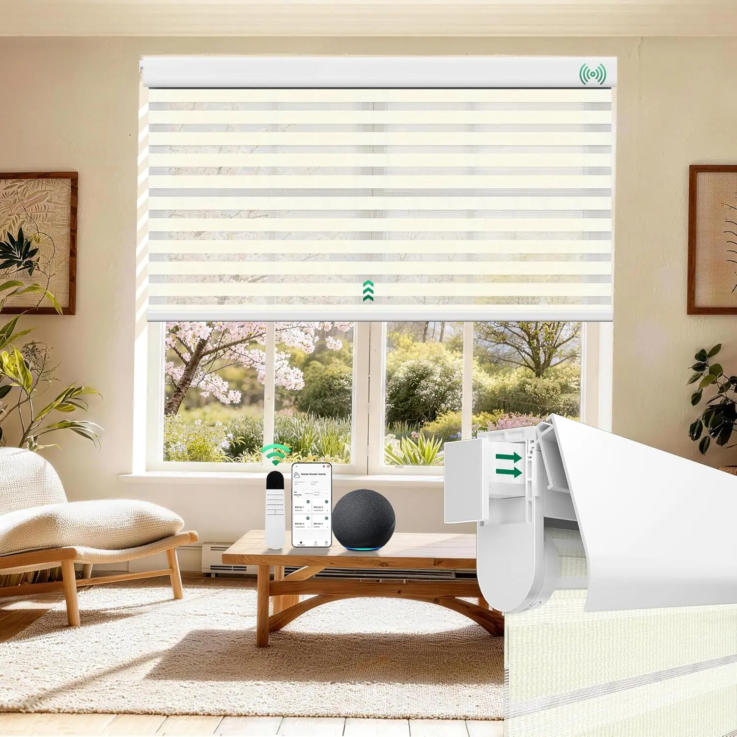 No Drill Motorized Zebra Shades with Remote Control, 50% Light Filtering Smart Blinds for Apartments & Rentals – Compatible with Alexa, Automatic Day/Night Adjustment