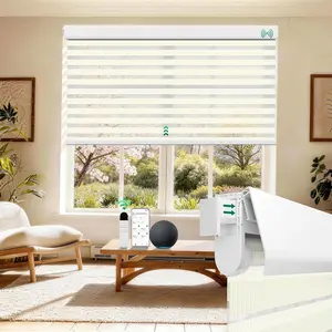 No Drill Motorized Zebra Shades with Remote Control, 50% Light Filtering Smart Blinds for Apartments & Rentals – Compatible with Alexa, Automatic Day/Night Adjustment
