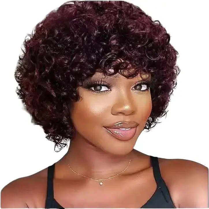 Human Hair Lace Front Wig, Short Curly Style with Fringe, Water Wave Texture (Fashion Accessories, Hair Extensions & Wigs) Burgundy Hair Wig