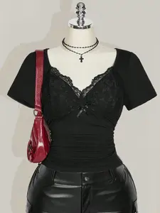 ICON Plus Size V Neck Lace Ruched Top Slim Fit Fitted Knit T Shirt Elegant Going Out Outfit