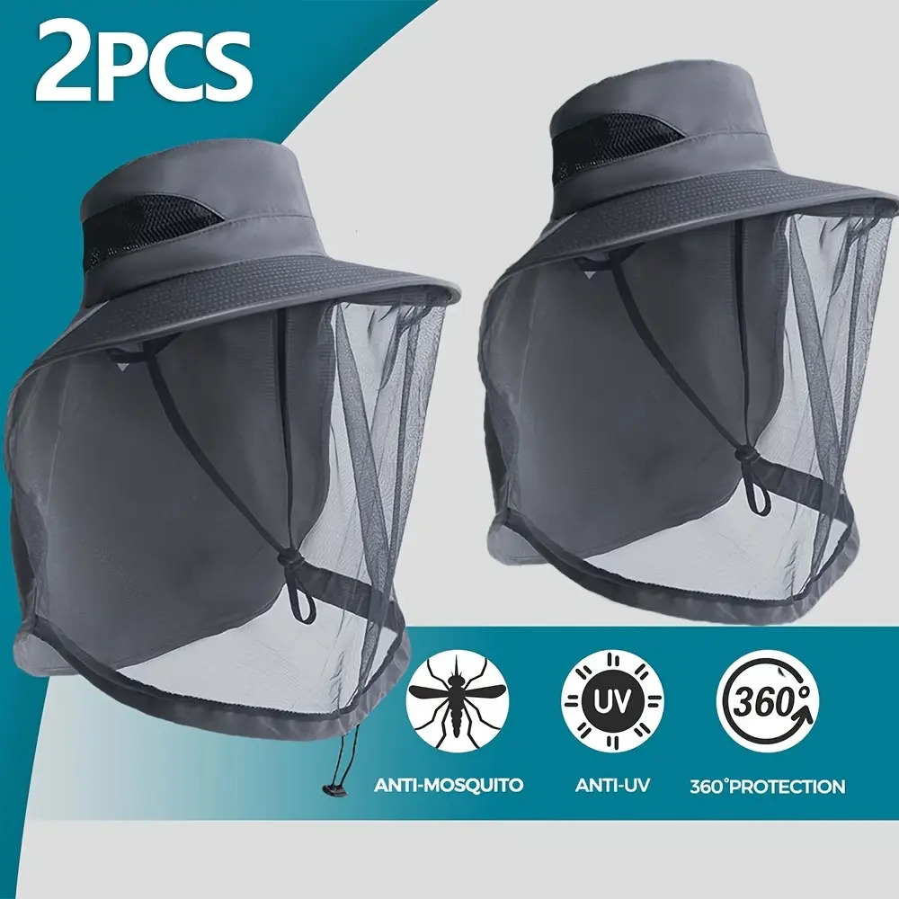 Outdoor 2-Piece Mosquito Hat Set Pack - Insect-Proof Sun Protection Hat, Polyester Mesh Breathable Face and Neck Cover, Ideal for Hikers/Fishers, Outdoor Enthusiasts, Breathable Face Mask, Adult