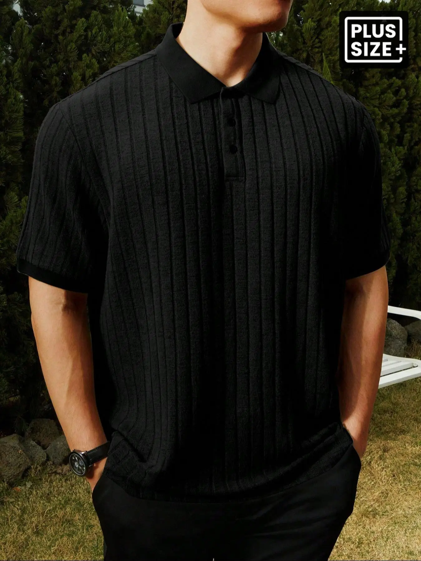 Plus Size Men's Ribbed Polo Shirt, Loose Knitted Collar Striped Top, Men's Casual Short Sleeved Button Solid Color Jacquard Knit Polo Shirt for Daily and Travel