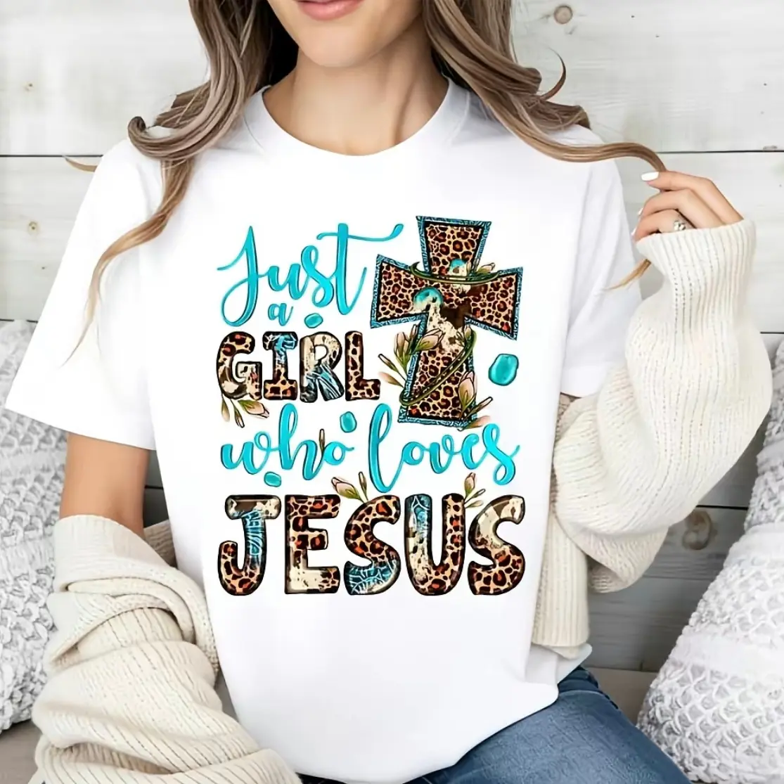 Women's Christian Short-Sleeve Crew Neck Tshirt - 100% Soft Cotton, Faith-Forward Style, Leopard Print Cross Graphic, Print Stands Out, Classic Fit, Chic Elegant Basics, Cold Wash Religious Apparel