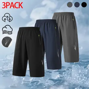 3 Pack Mens Sport Casual Capri Pants Lightweight Polyester Quick Dry Breathable Loose Fit Below Knee Athletic Pants With Elastic Waist Zip Pockets Reflective Print For Summer Gym Travel Outdoor Daily Wear