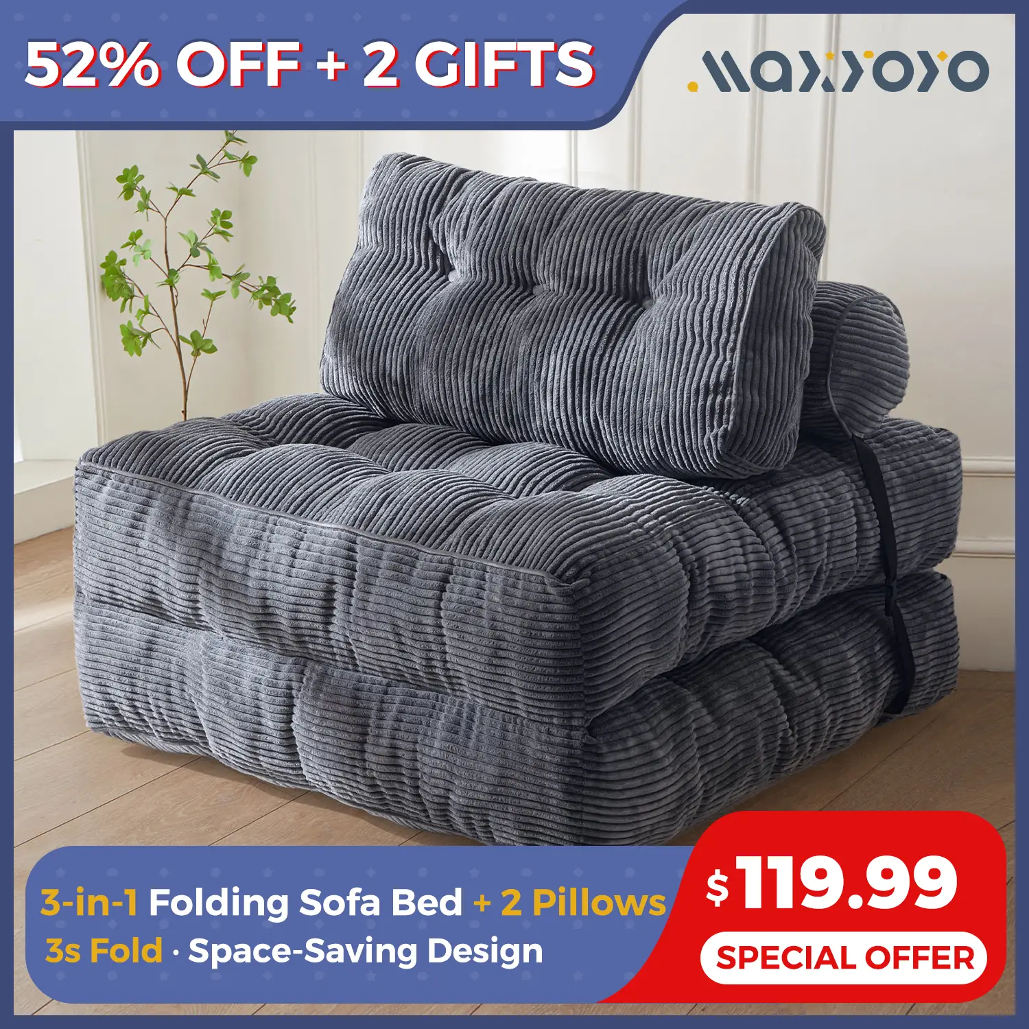 MAXYOYO Corduroy Folding Sofa Bed, Convertible Sleeper Chair with Pillow Foldable Mattress with Back Support; Single & Double Size