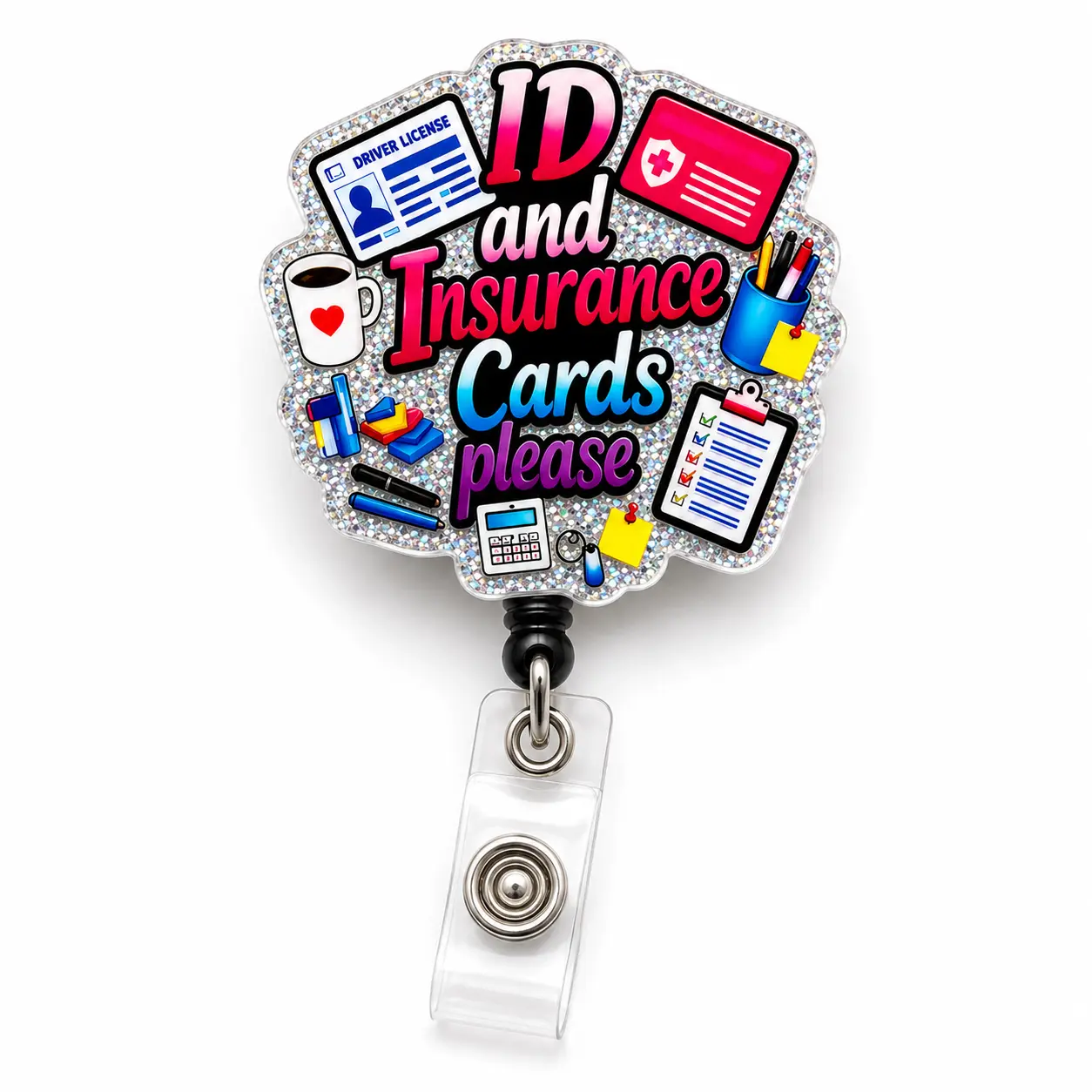 Badge Reels for Medical Receptionists, ID and Insurance Cards Please Funny Acrylic ID Holder, Retractable Clip Front Desk Staff Gift