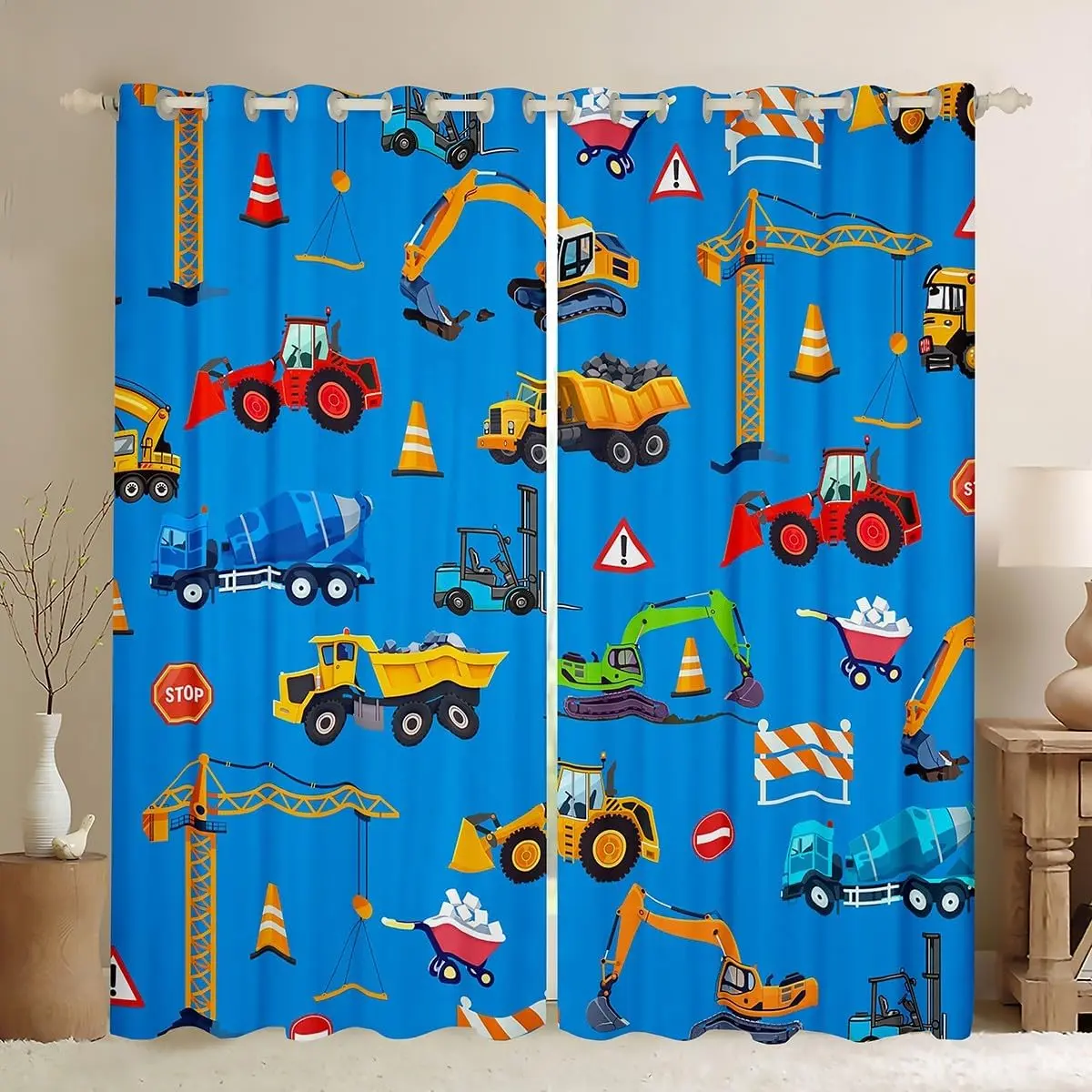 Blue Excavator Blackout Curtains Construction Vehicles Darkening Drapes for Bedroom Living Room Decor Equipment Trucks Thermal Insulated Shades Window Treatments,2 Panels