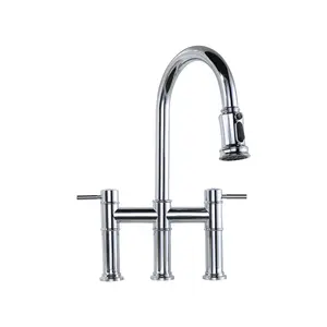 WOWOW Bridge Faucet Chrome Farmhouse 3 Hole Kitchen Faucet with Pull Down Sprayer, 2 Handle High Arc Brass Faucet with 360° Swivel, with Supply Lines