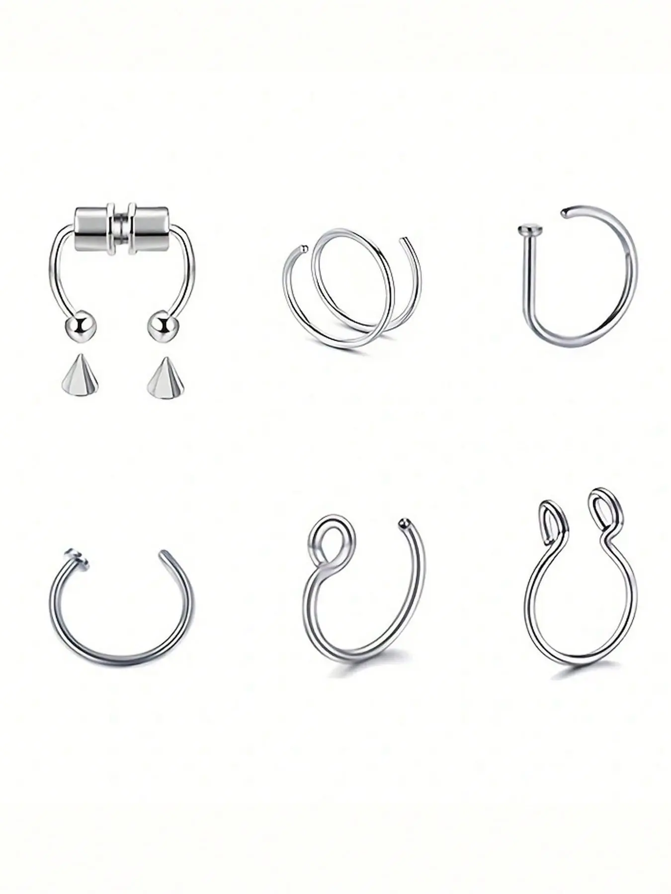 6pcs Women's Stainless Steel Fake Piercing Nose Ring Set, Spiral Nose Ring, Hinged Nose Hoops, Non Piercing Lip Ring, Nasal Septum Clip &, Punk Fashion Body Jewelry Gifts, Face Jewels, Body Jewellery